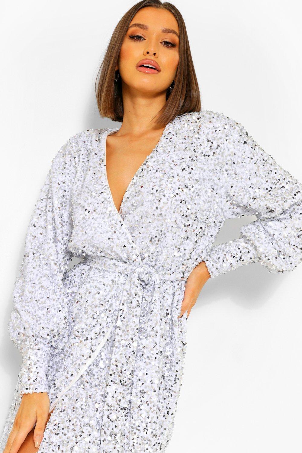 Sequin Long Sleeve Tie Waist Midi Party Dress boohoo UK