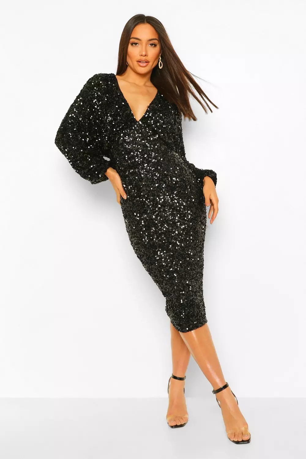 Black long sleeved outlet sequin midi dress