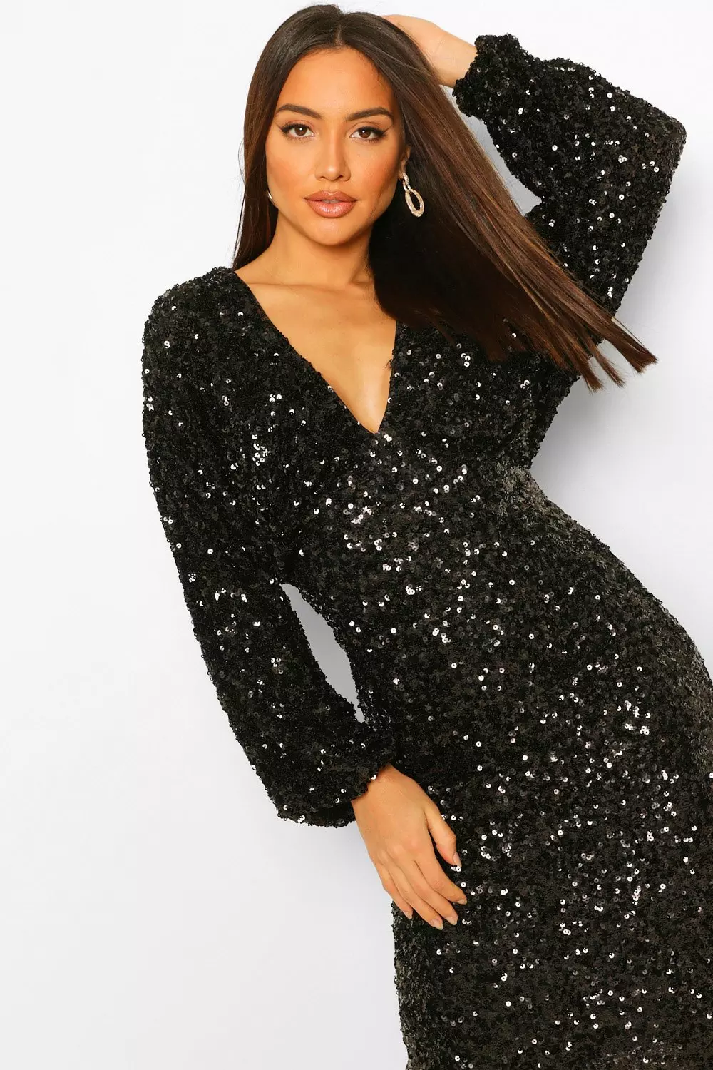 Black sequin long shop sleeve midi dress