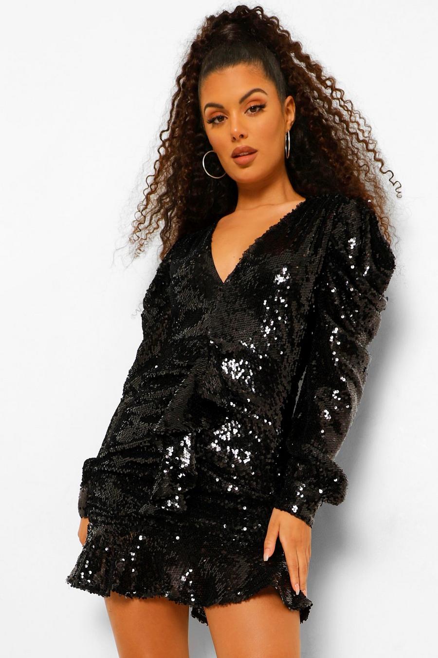 Black Sequin Plunge Ruched Detail Long Sleeve Mini Dress image number 1