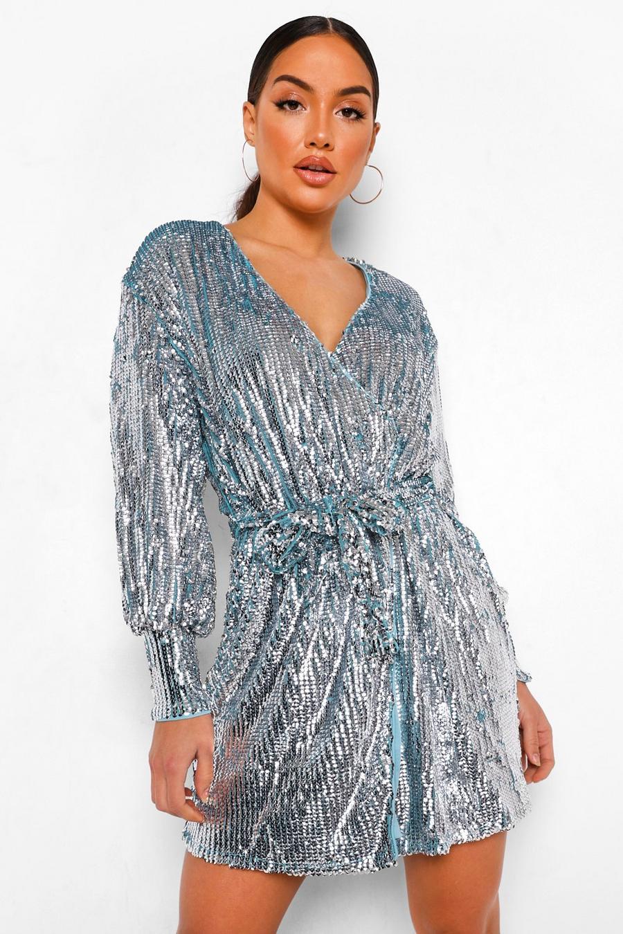 Sequin Long Sleeve Wrap Front Mini Dress | boohoo