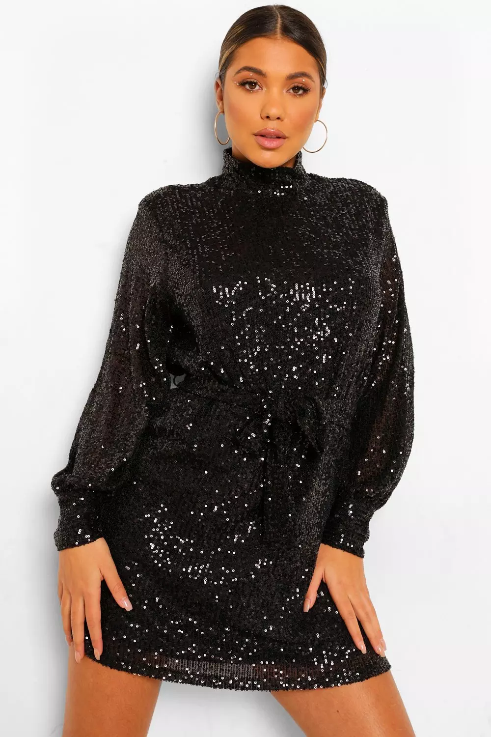 High neck outlet black sequin dress