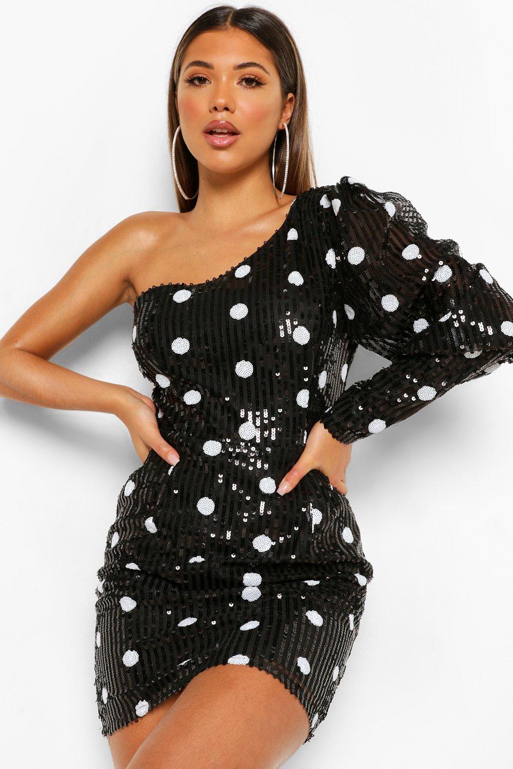 Sequin One Shoulder Polka Dot Mini Dress