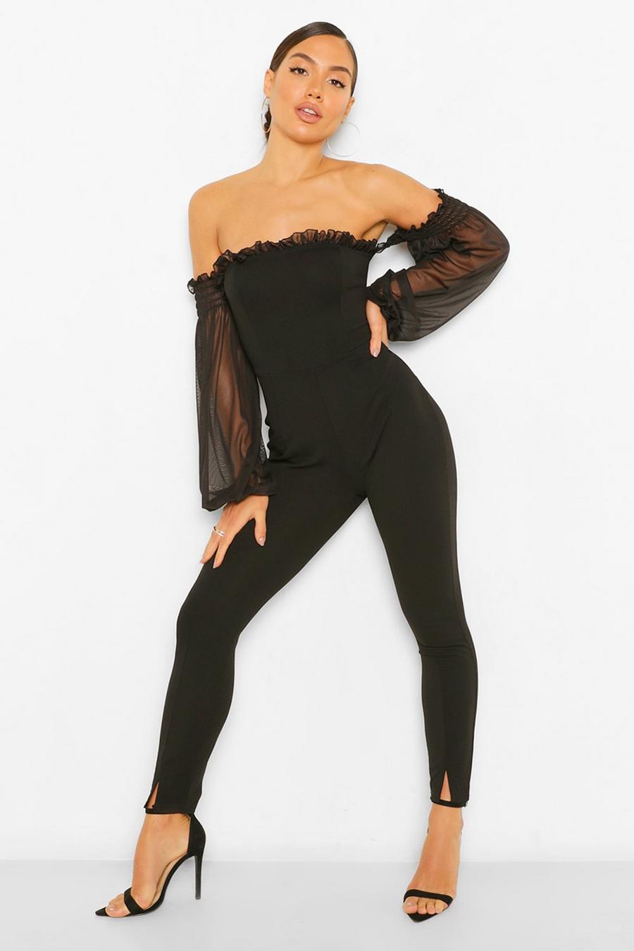 Bardot-Jumpsuit mit Ärmeln aus Netzstoff, Schwarz image number 1