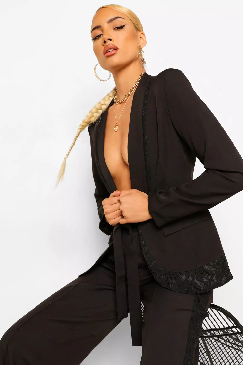 Black Tailored Lace Insert Wide Leg Trouser alternative image