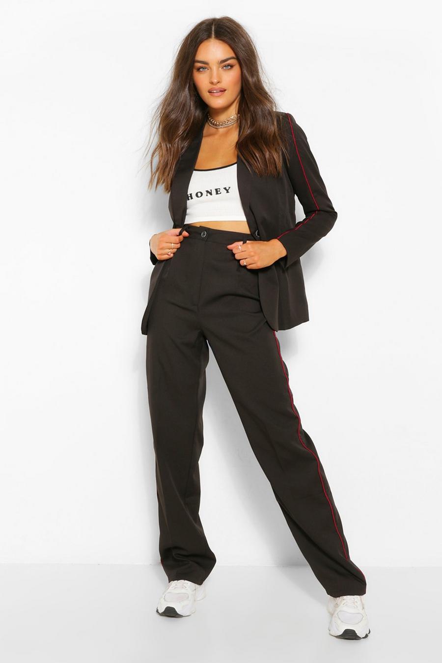 Pantalon droit ajusté et contrasté, Black image number 1