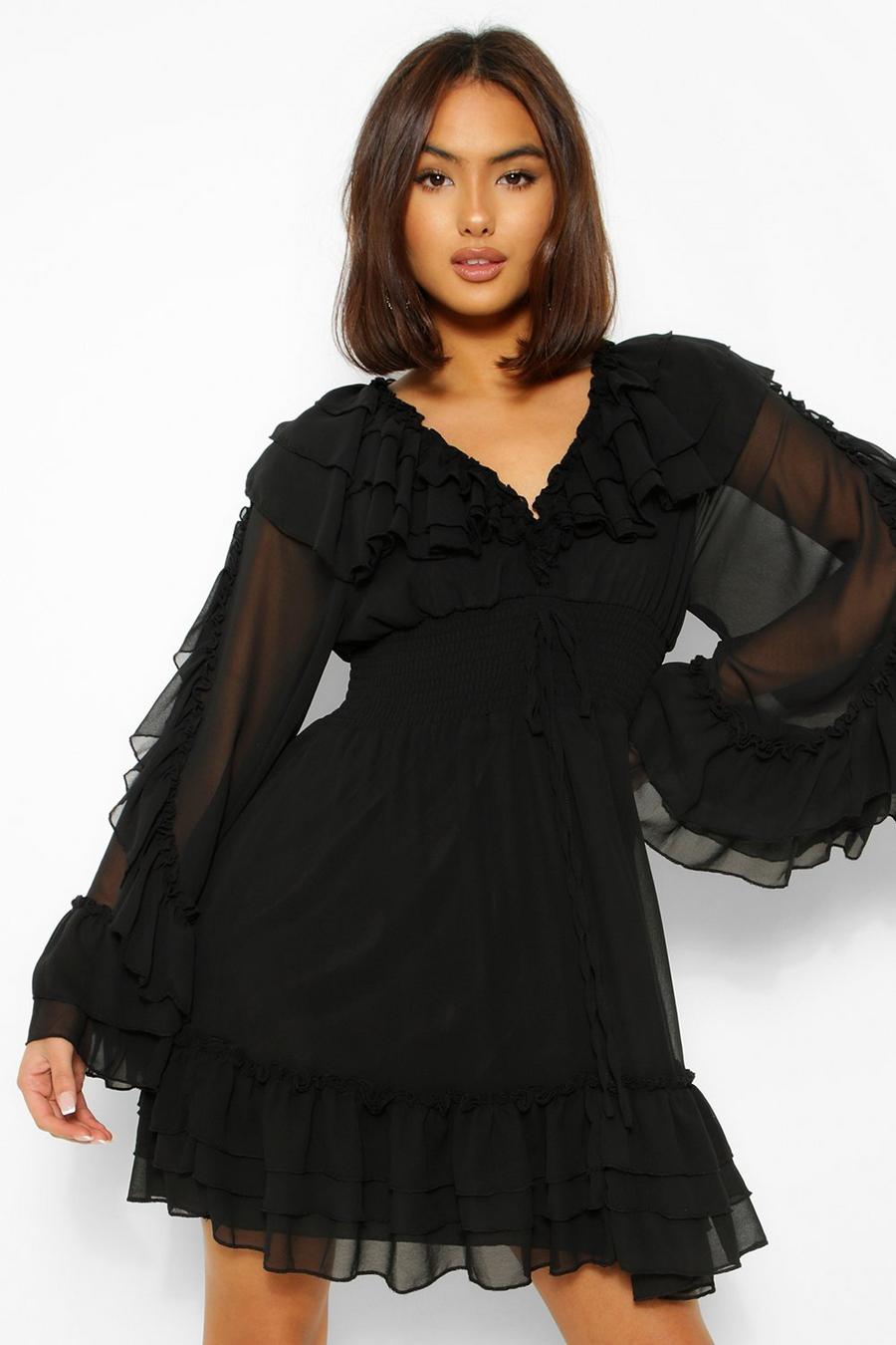 שחור שמלת מיני עם מחשוף מלמלה עמוק image number 1