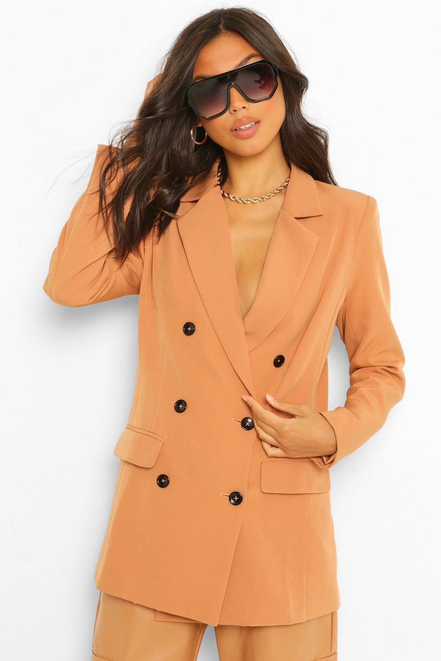 Camel Tailored Long Line Double Breasted Blazer image number 1