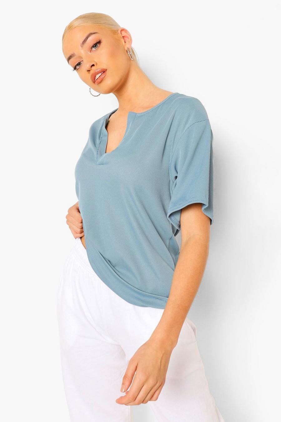 T-shirt côtelé coupe oversize à encolure crantée, Bleu sarcelle image number 1
