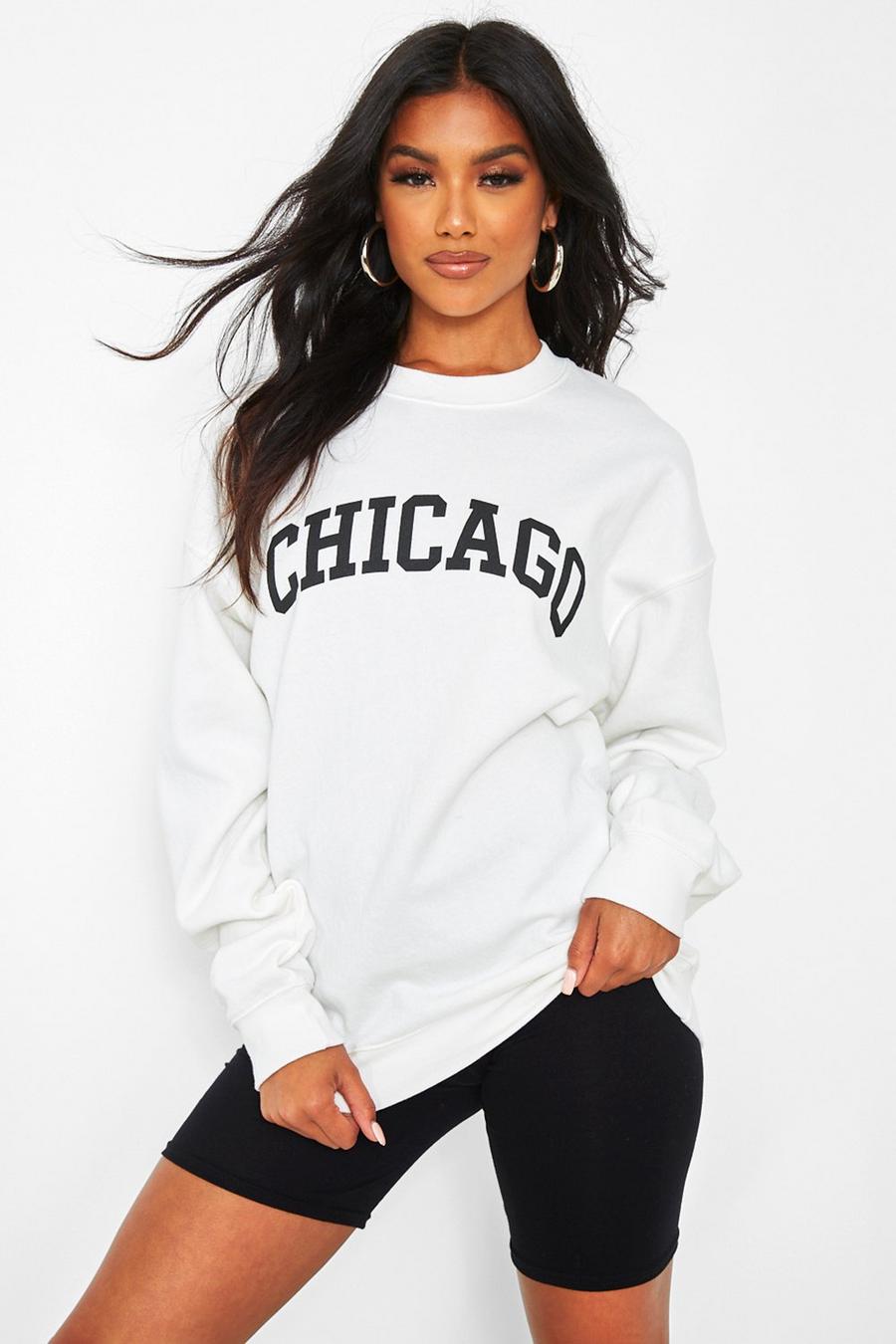 White "Chicago" Oversize sweatshirt med slogan image number 1
