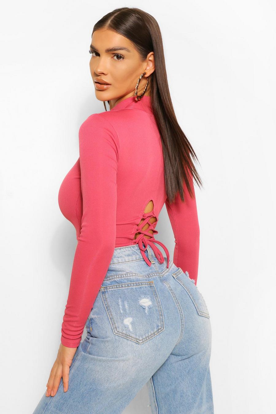Rose Lace Up Back Rib Long Sleeve Top image number 1