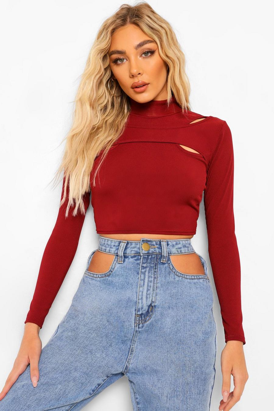 Berry High Neck Cut Out Detail Long Sleeve Crop Top image number 1