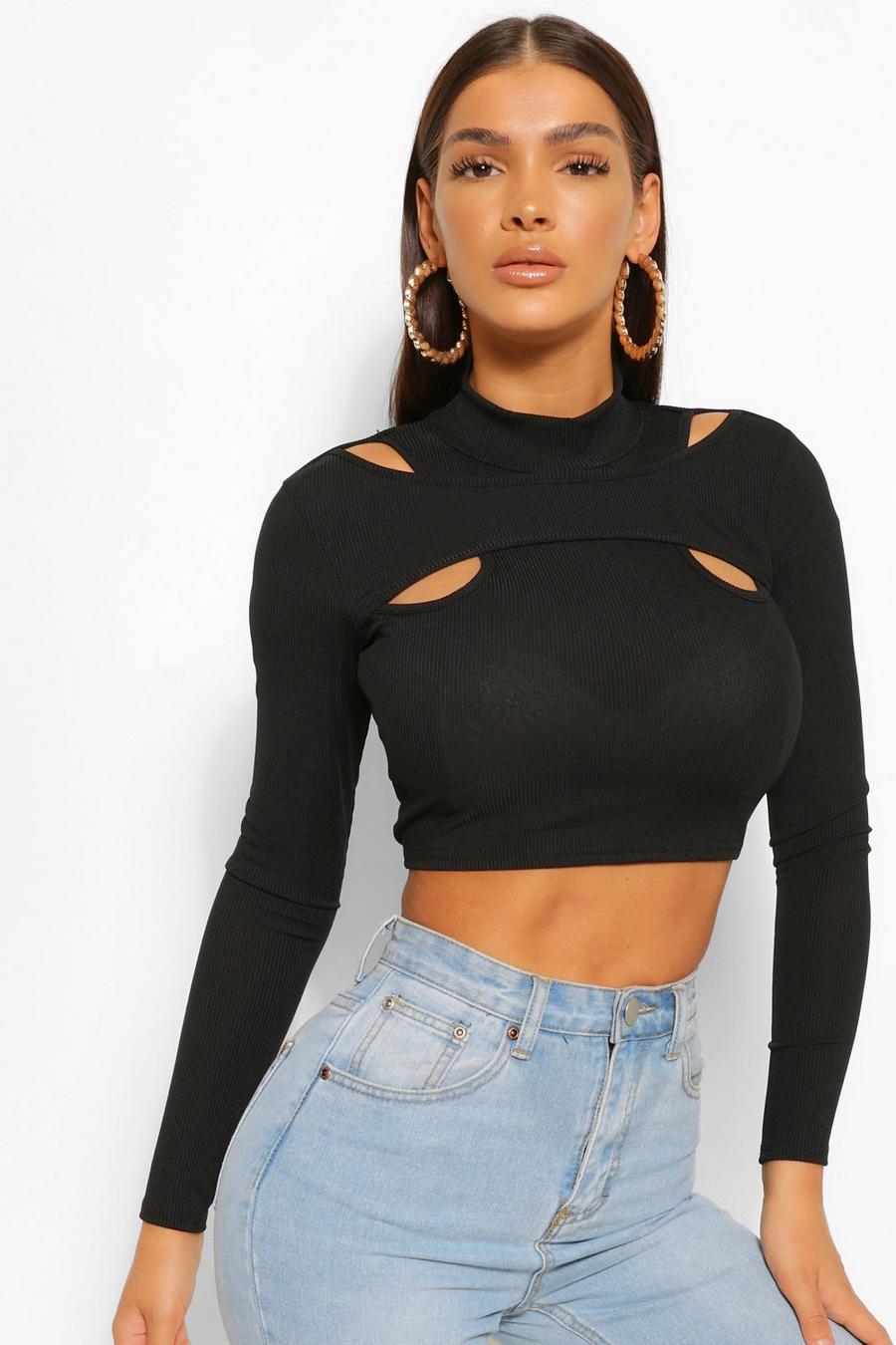 Black High Neck Cut Out Detail Long Sleeve Crop Top image number 1
