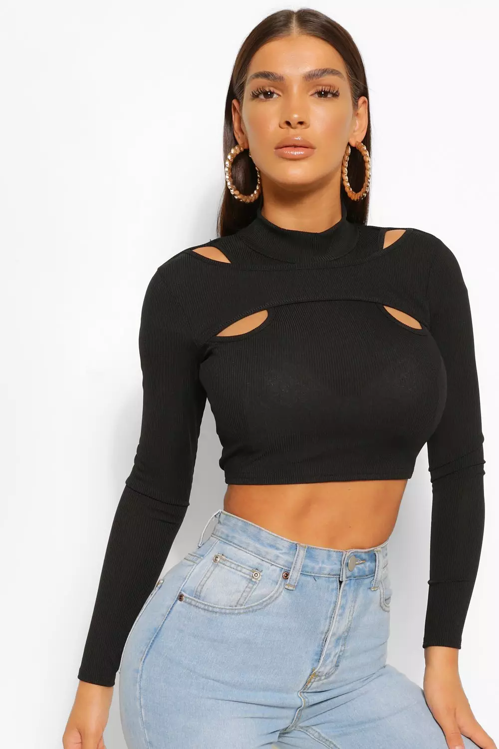 High Neck Cut Out Detail Long Sleeve Crop Top