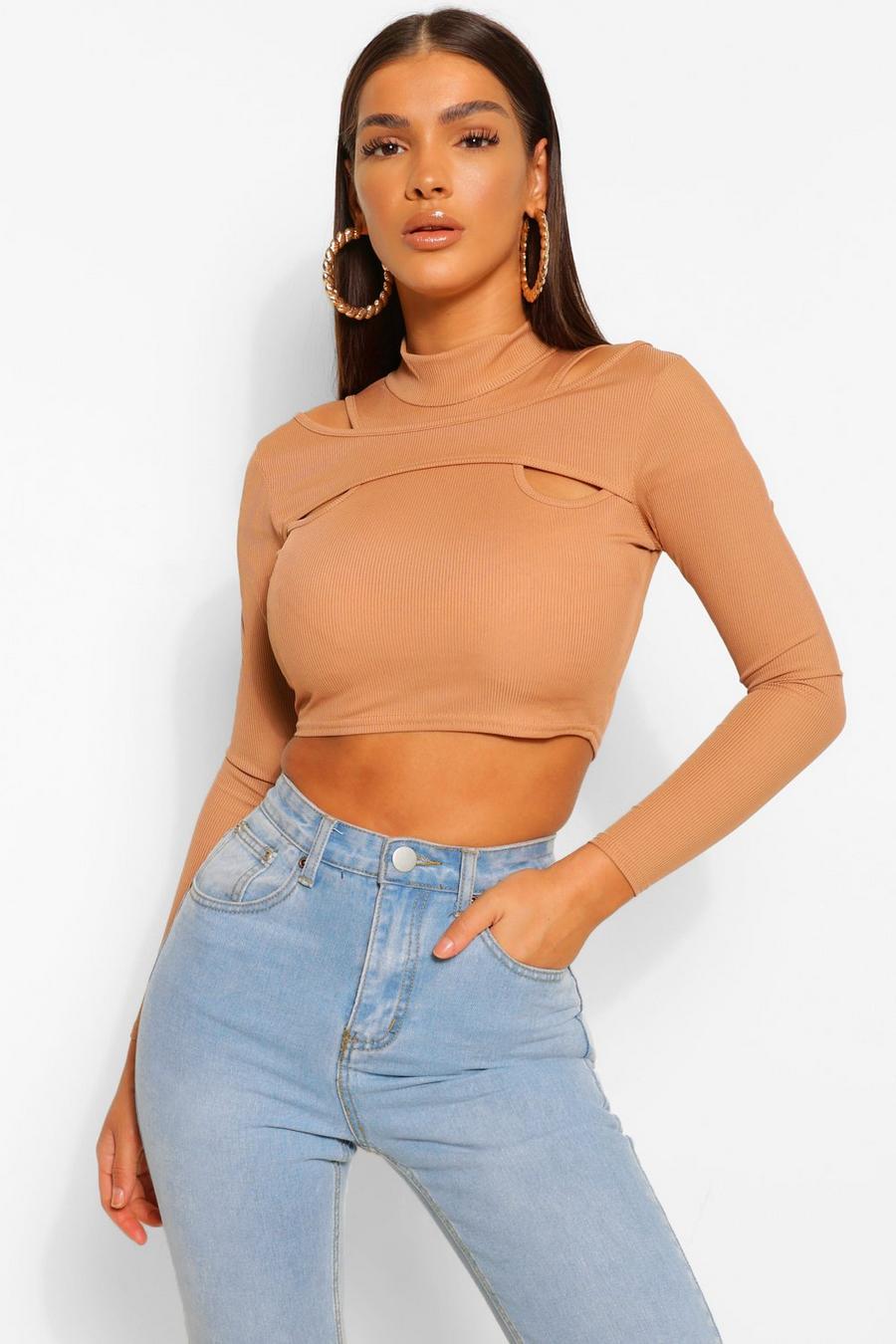 Camel High Neck Cut Out Detail Long Sleeve Crop Top image number 1
