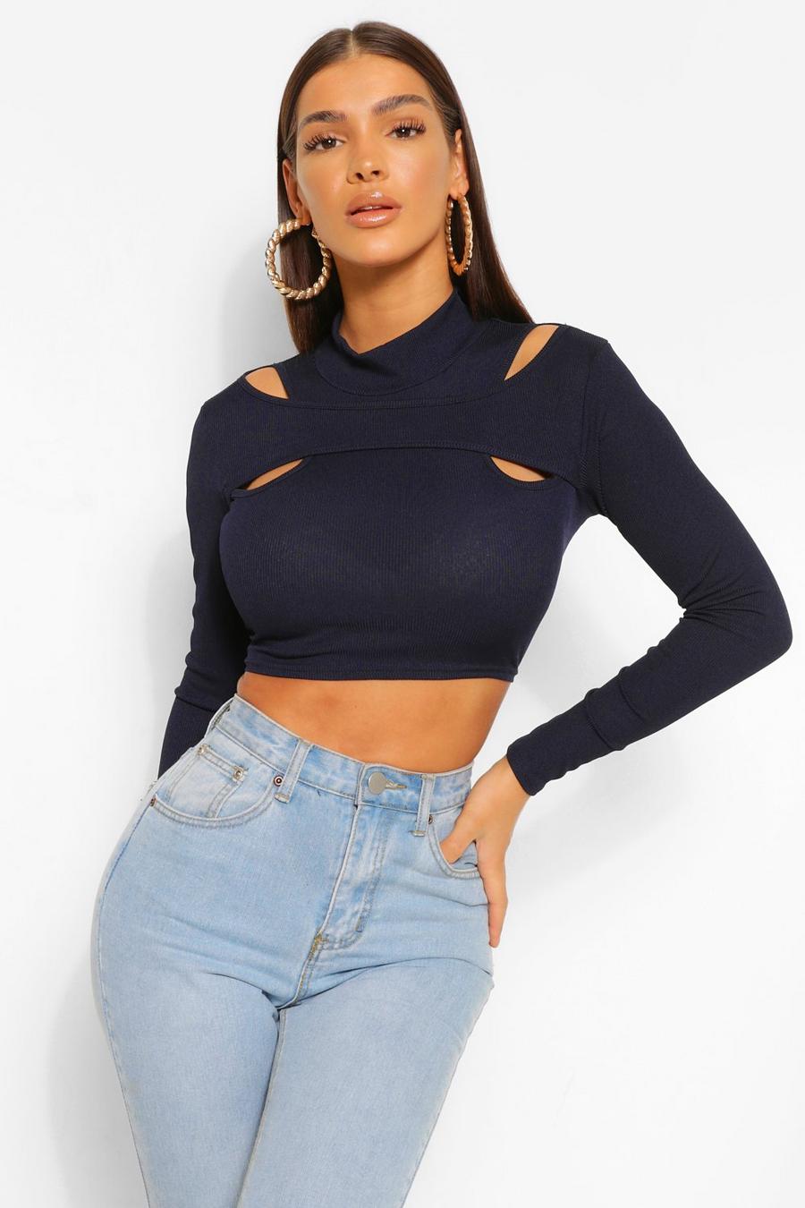 Navy High Neck Cut Out Detail Long Sleeve Crop Top image number 1