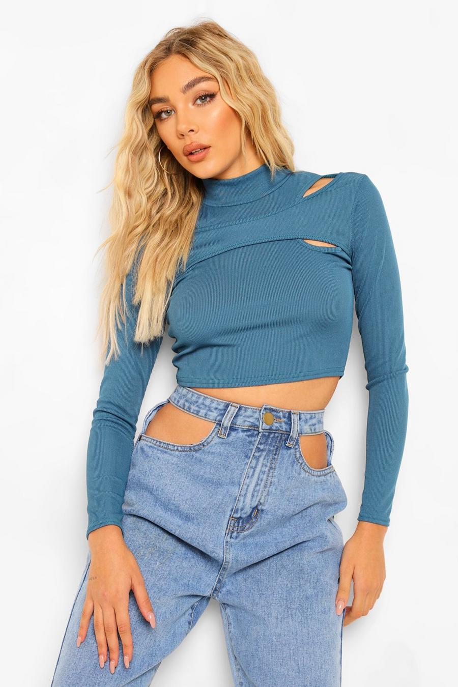 Teal High Neck Cut Out Detail Long Sleeve Crop Top image number 1
