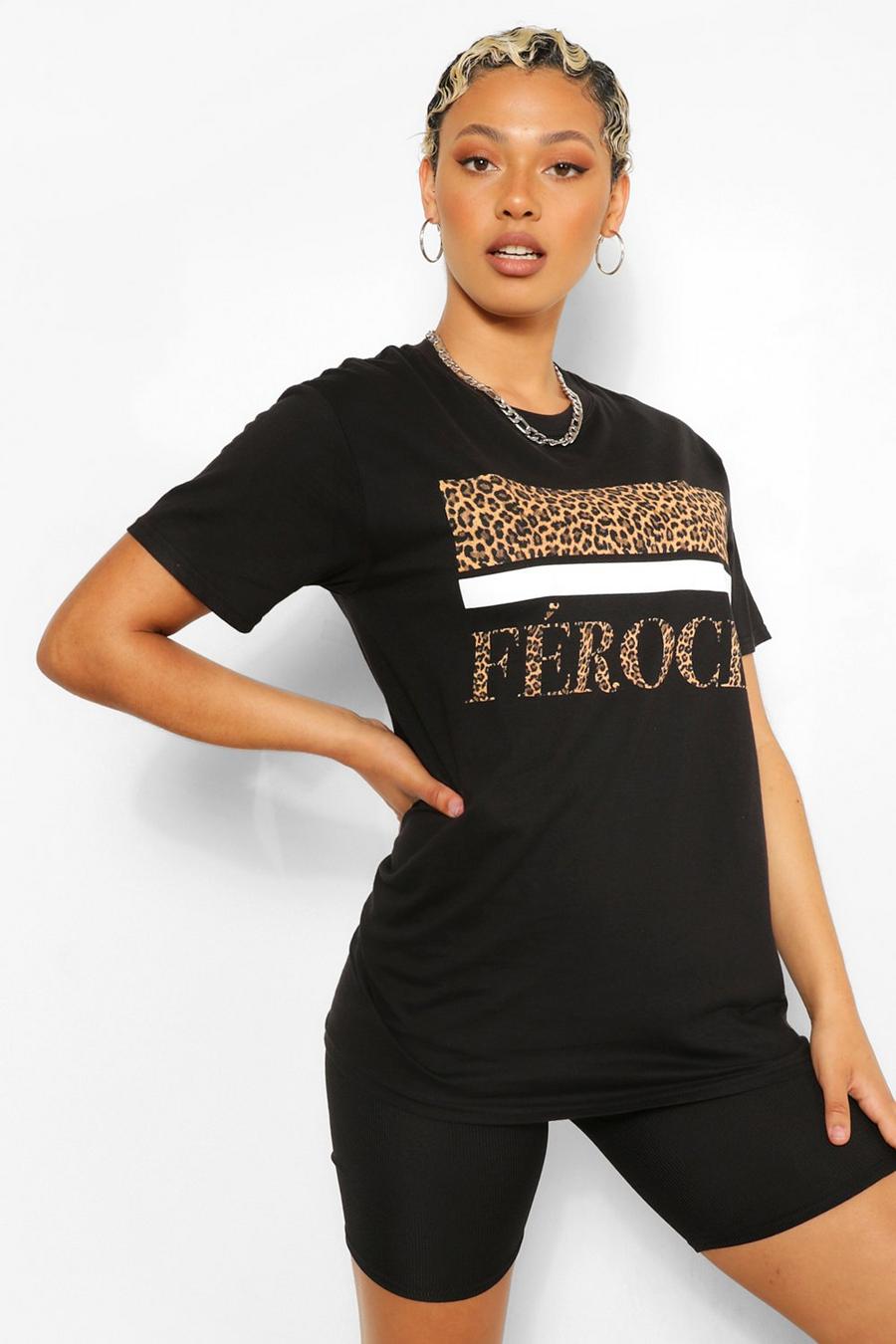 Zwart Oversized Dierenprint Fierce T-Shirt Met Tekst image number 1