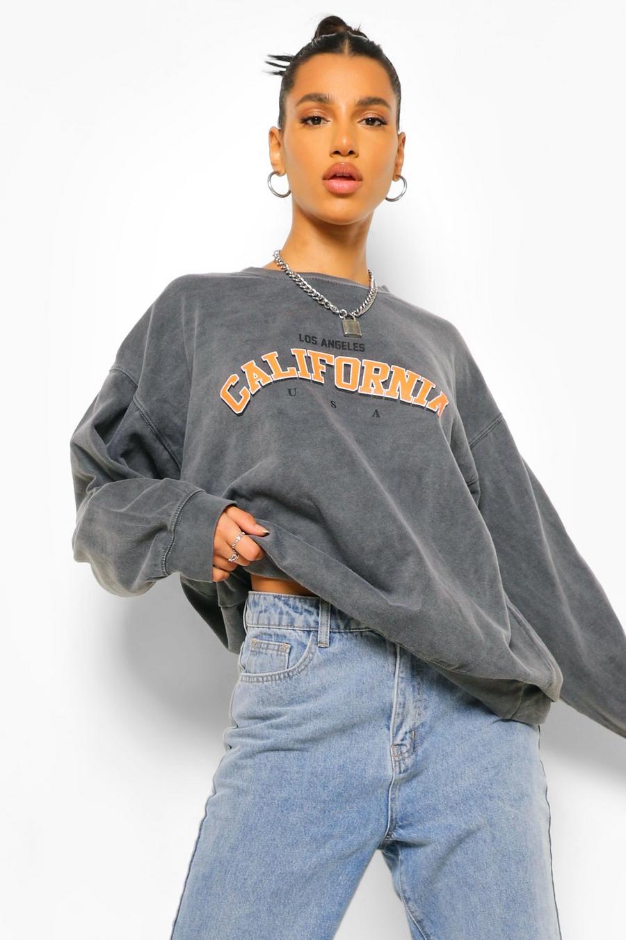 Charcoal California Oversized Washed Trui Met Tekst image number 1