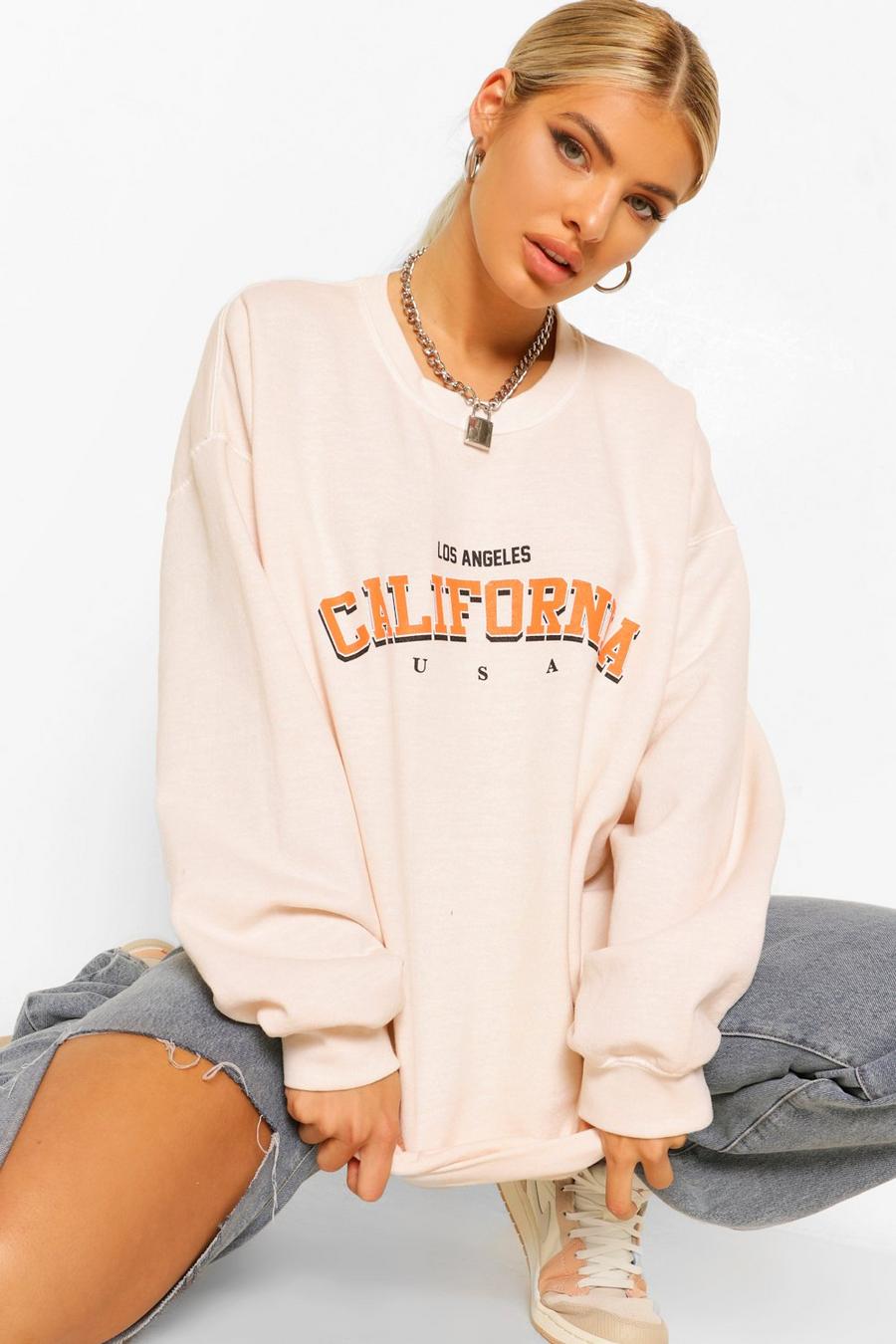 Ecru "California" Oversize sweatshirt med tvättad effekt och slogan image number 1