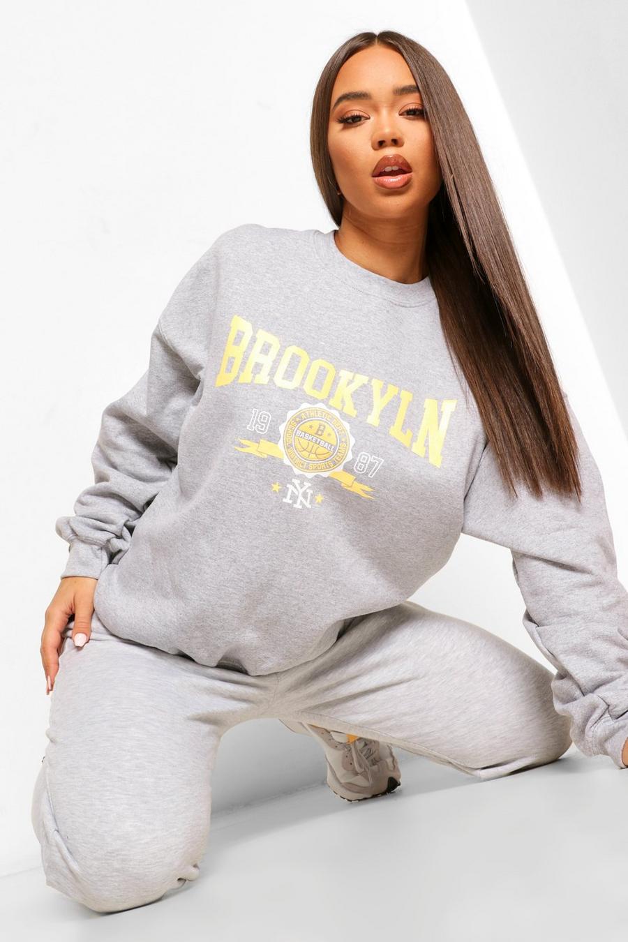 Grey marl "Brooklyn" Oversize sweatshirt med tvättad effekt och slogan image number 1