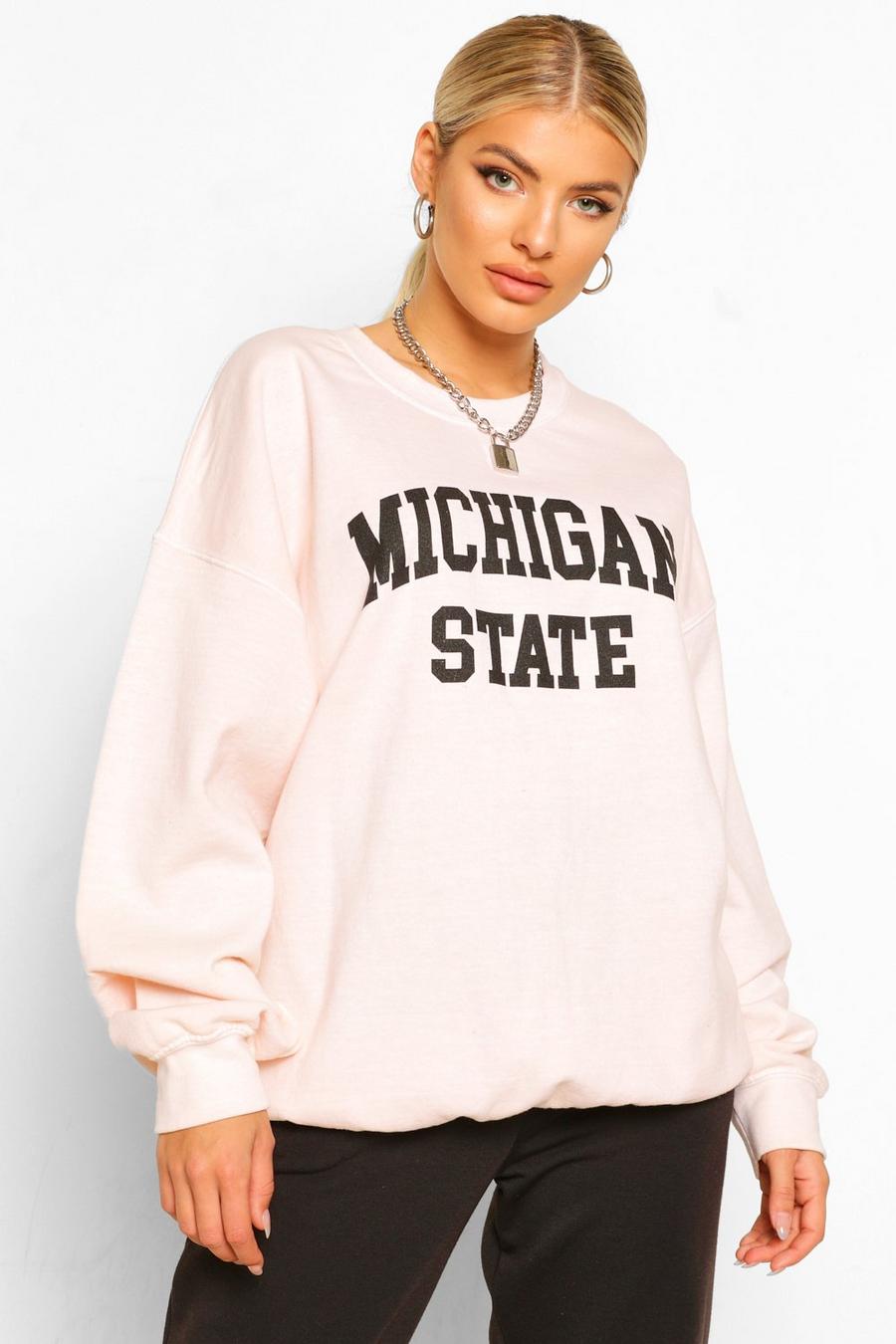 Sweatshirt in Übergröße mit Waschung und „Michigan“-Slogan, Naturfarben image number 1