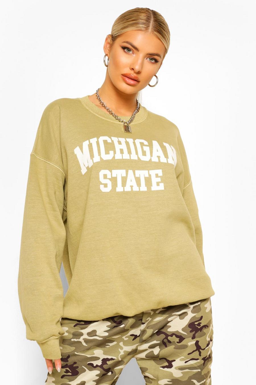 Sweatshirt in Übergröße mit Waschung und „Michigan“-Slogan, Khaki image number 1