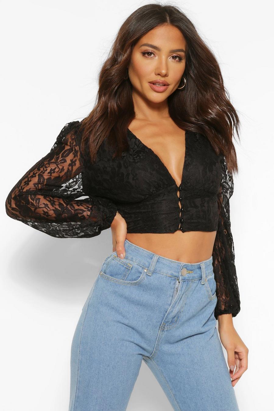 Black Lace Button Through Plunge Neck Top image number 1