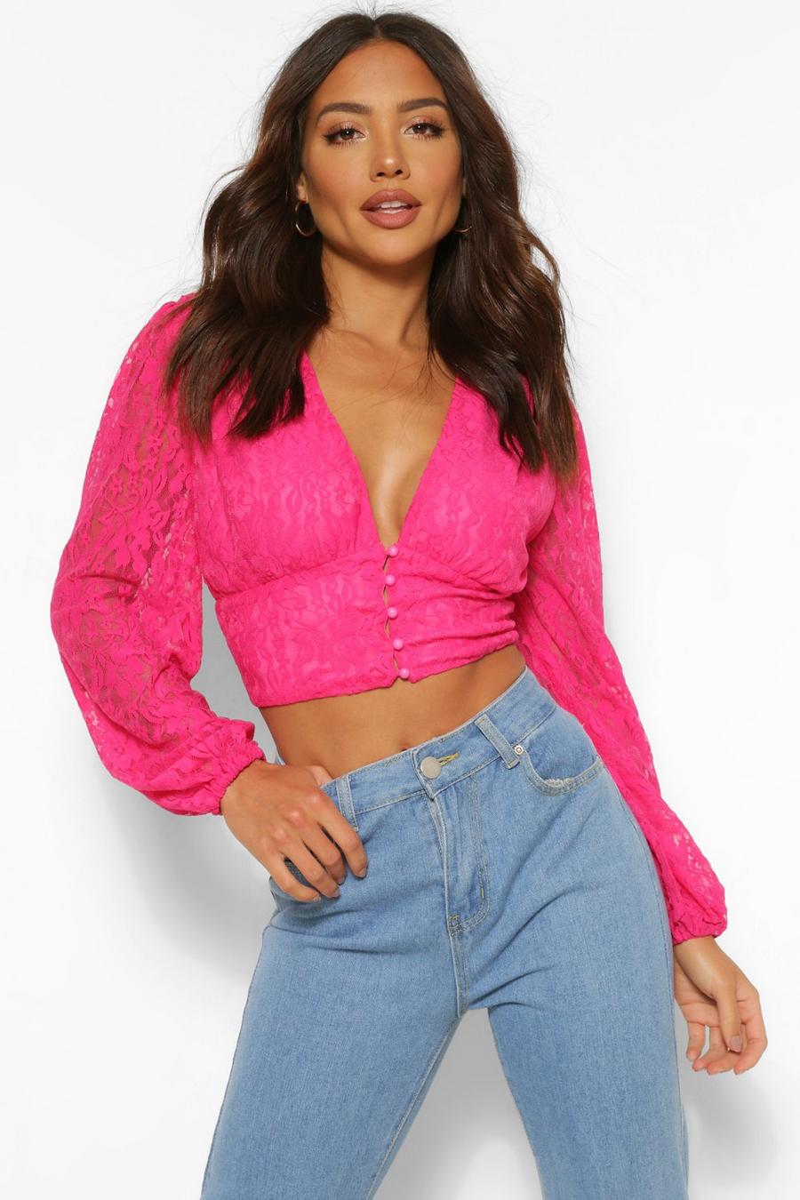 Hot pink Lace Button Through Plunge Neck Top image number 1