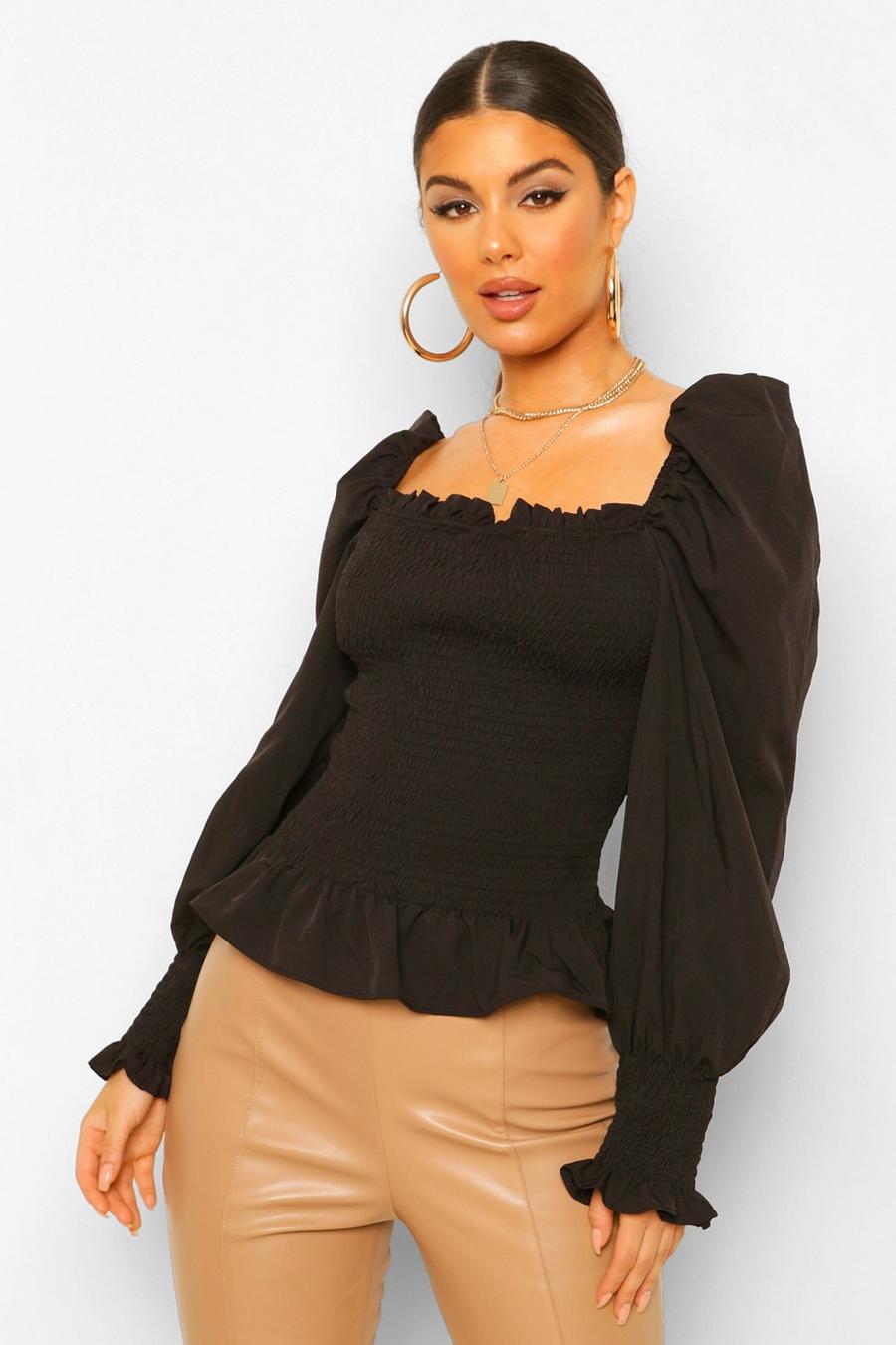 Black Shirred Square Neck Puff Sleeve Top image number 1