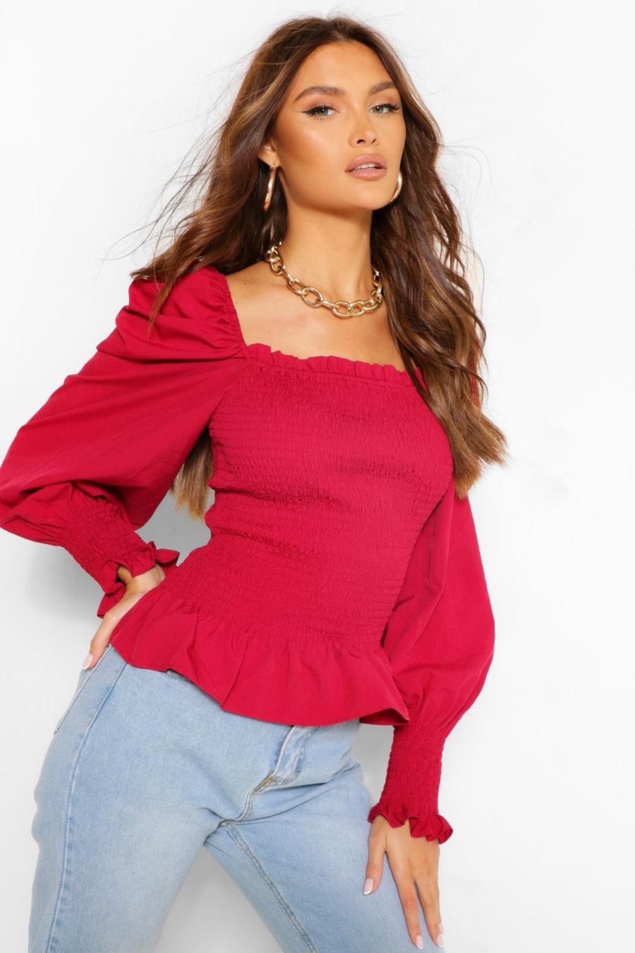 Raspberry Shirred Square Neck Puff Sleeve Top image number 1