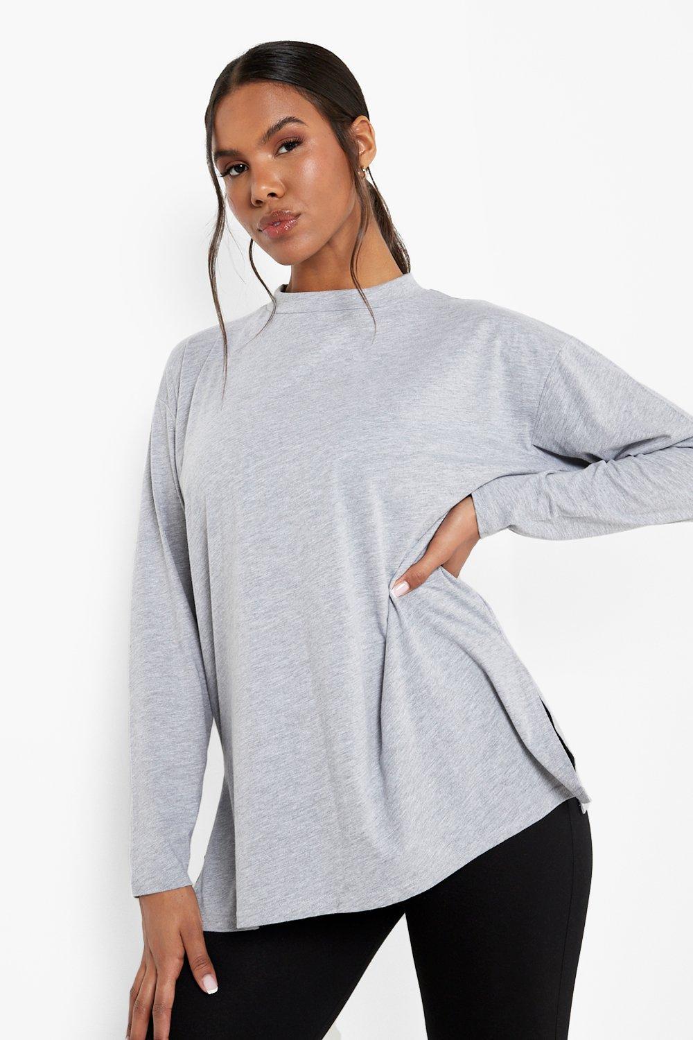 Women's Grey Oversized High Neck Long Sleeve Top