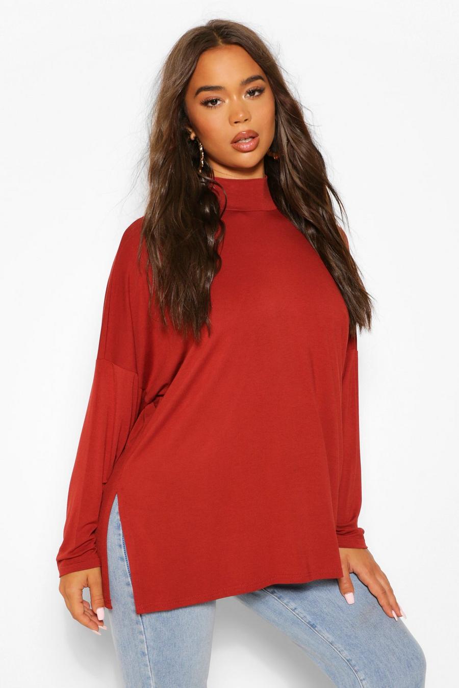 Terracotta Oversized High Neck Long Sleeve Top image number 1