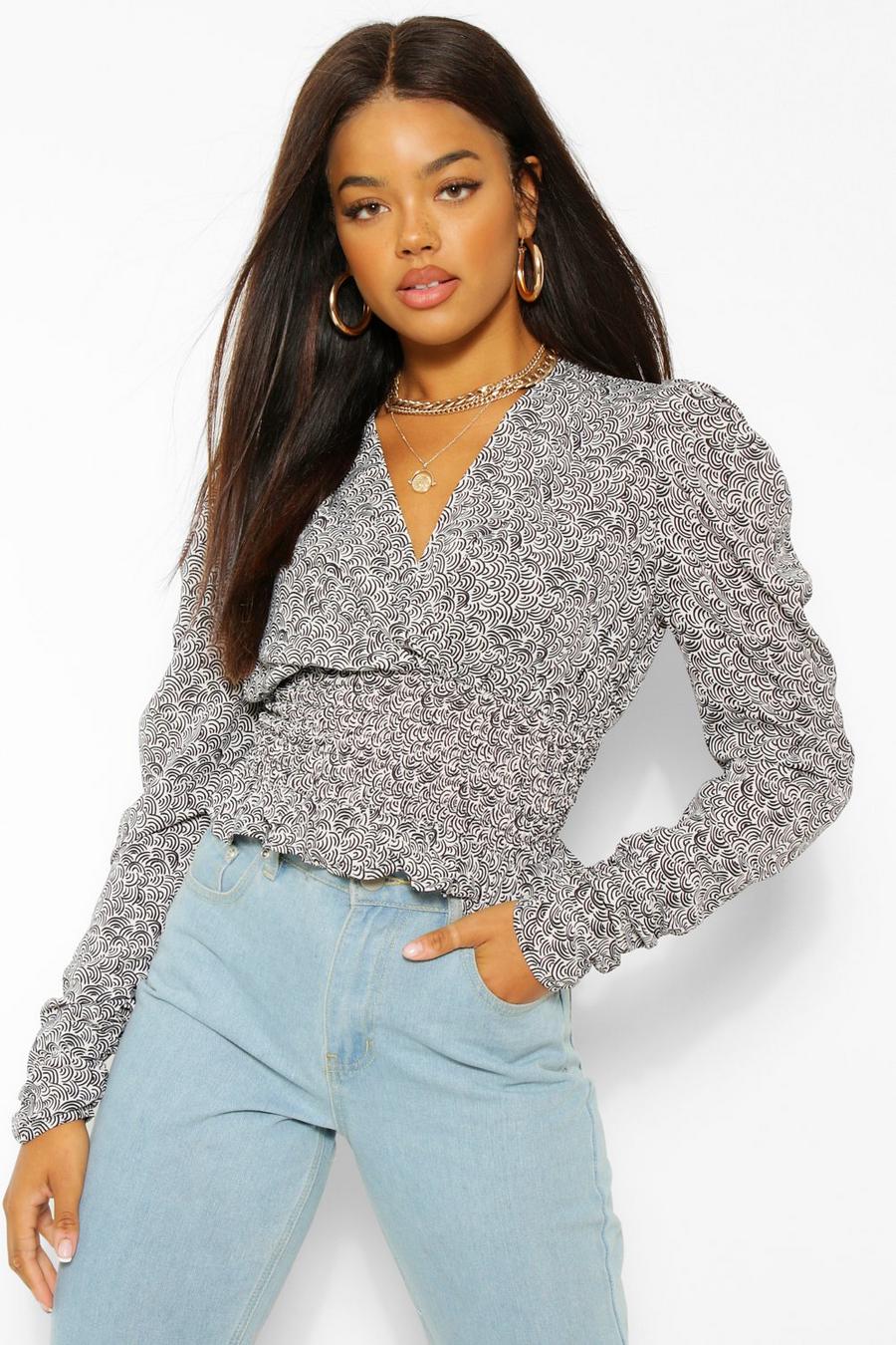 Black Woven Puff Sleeve Shirred Top image number 1