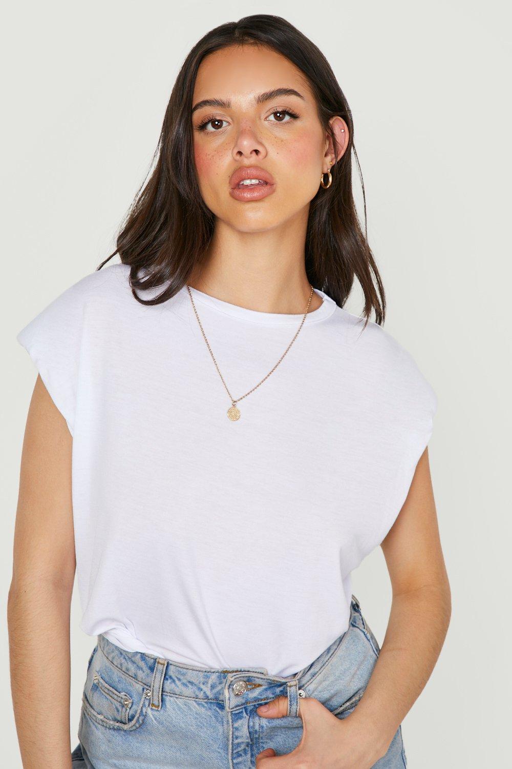 Padded shoulder t shirt white hot sale