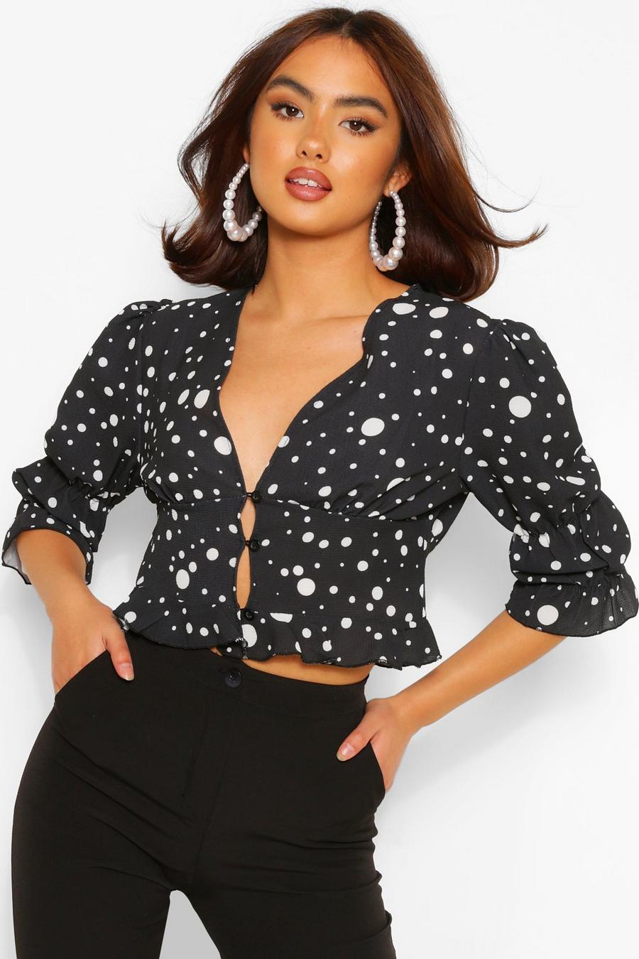 Black Spot Print Button Detail Puff Sleeve Blouse image number 1