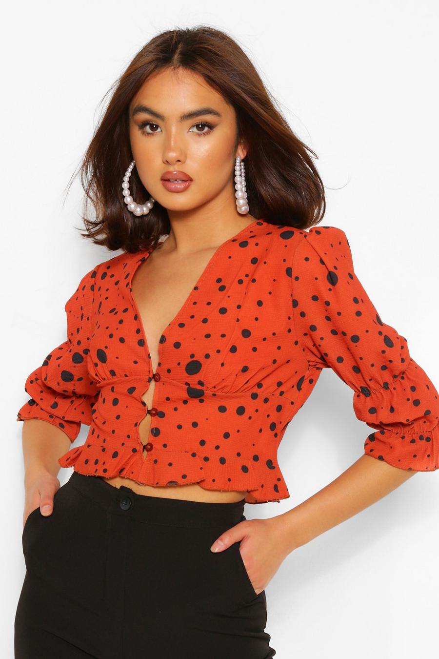 Rust Spot Print Button Detail Puff Sleeve Blouse image number 1