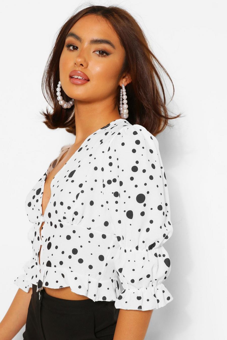 White Spot Print Button Detail Puff Sleeve Blouse image number 1