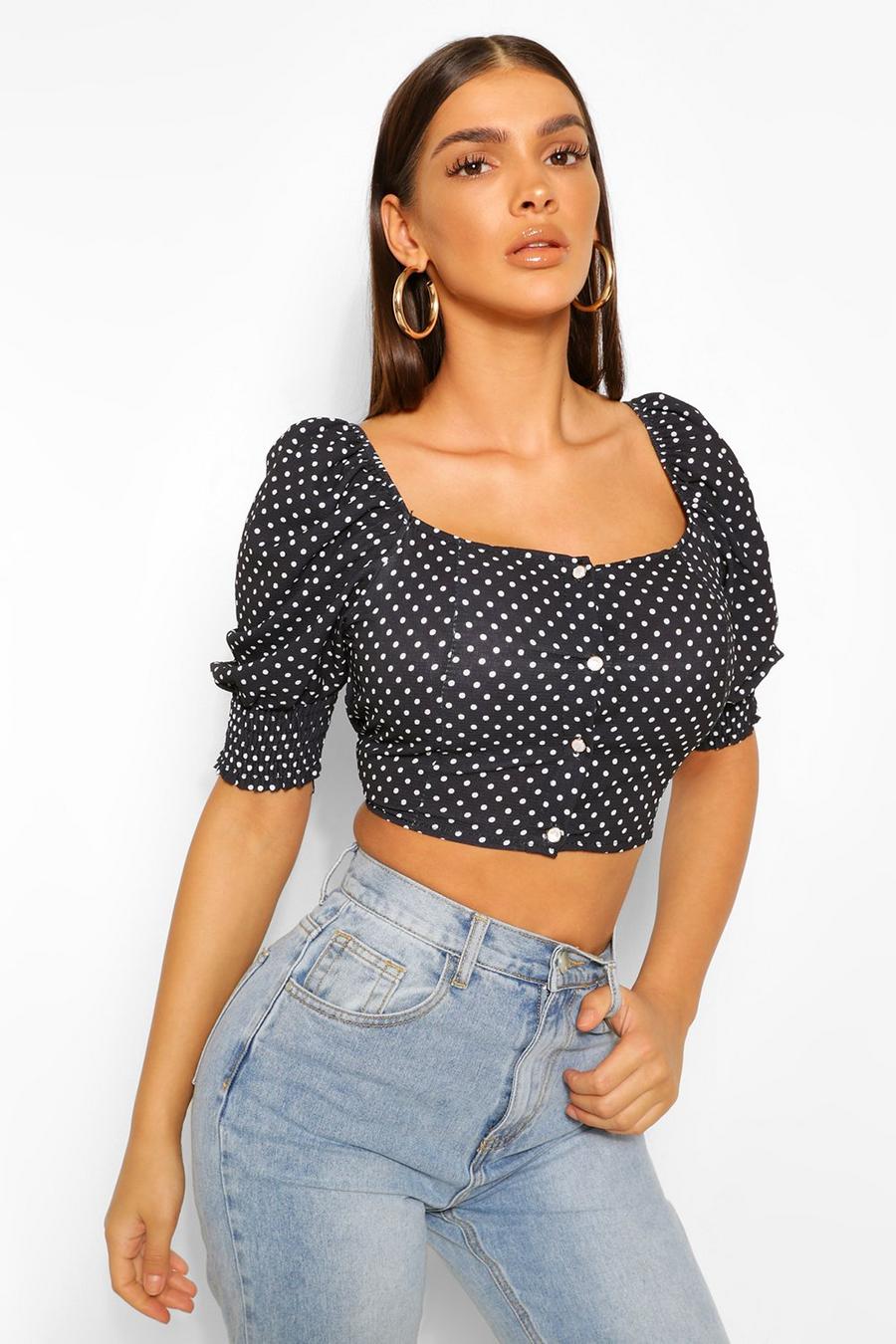 Black Polka Dot Button Puff Sleeve Blouse image number 1