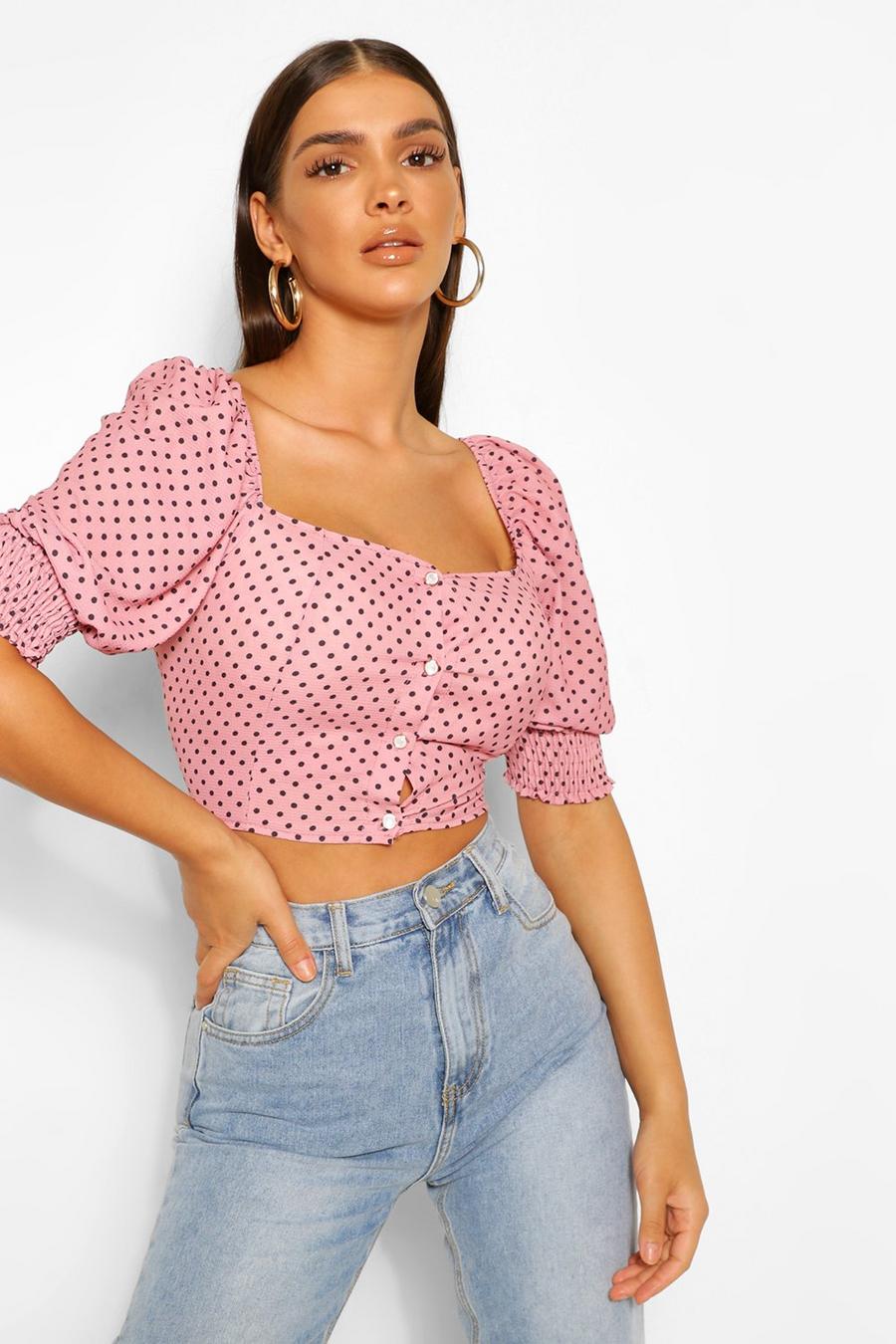 Rose Polka Dot Button Puff Sleeve Blouse image number 1