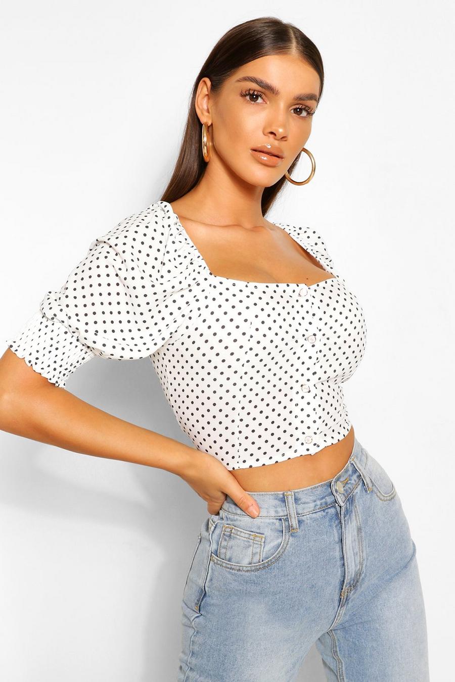 White Polka Dot Button Puff Sleeve Blouse image number 1