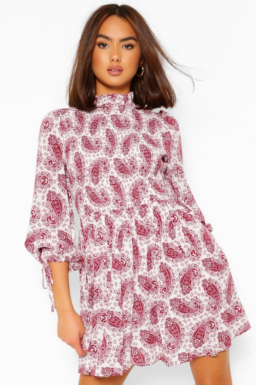 Berry Mixed Print Balloon Sleeve Skater Dress image number 1