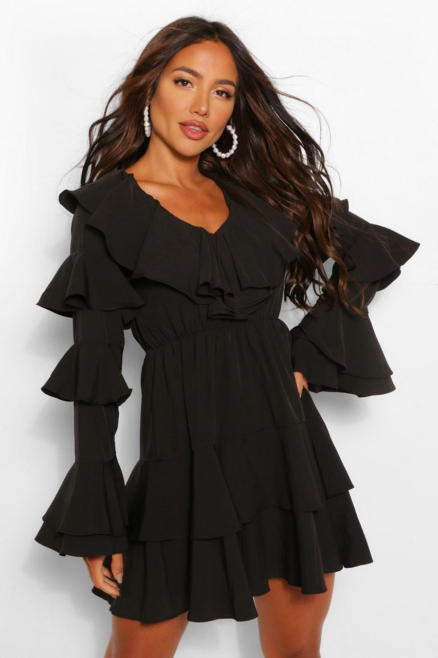 Black Extreme Ruffle Tiered Skater Dress image number 1