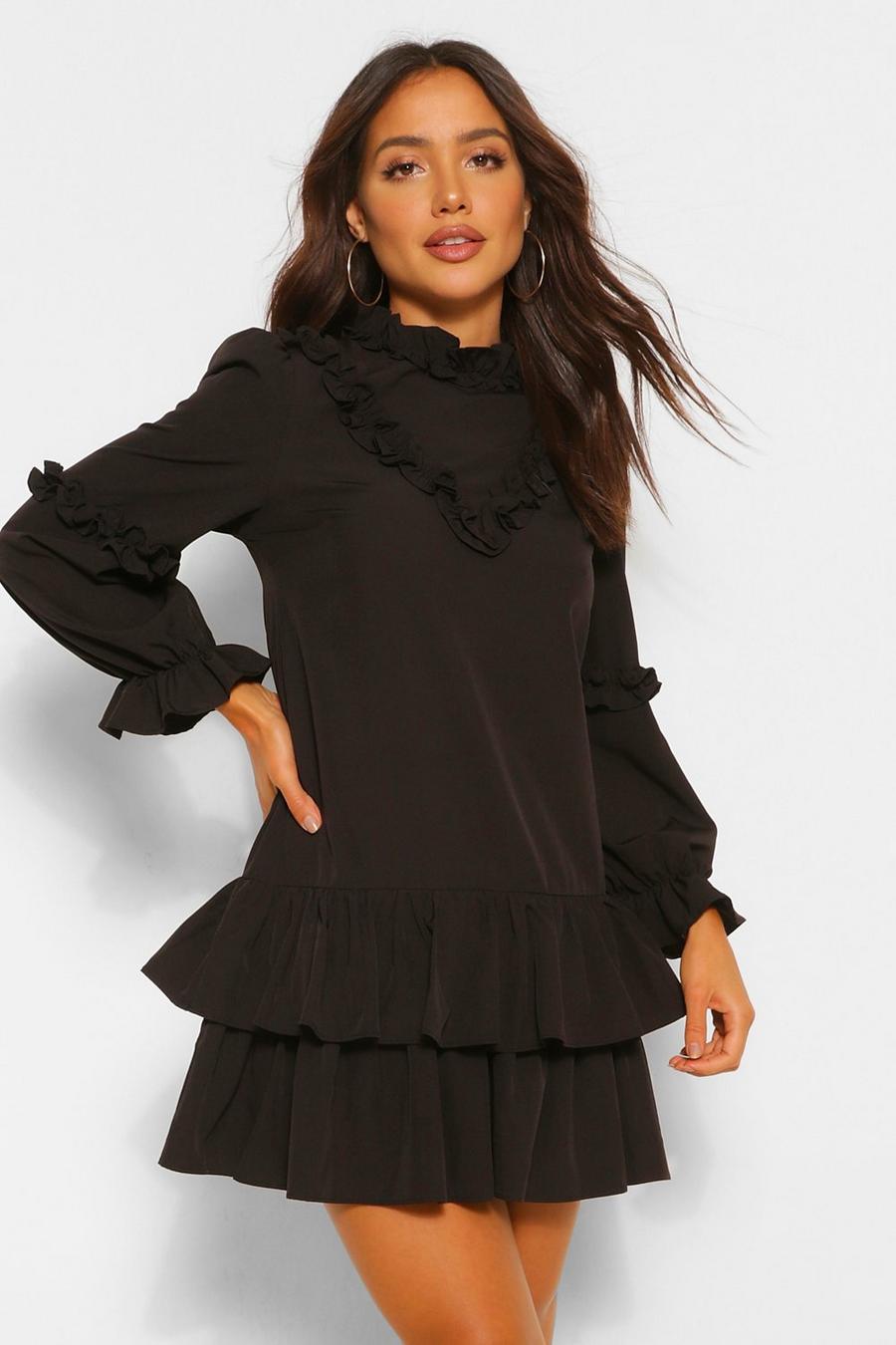 שחור שמלת שיפט עם מכפלת מסולסלת כפולה ושרוולי בלון image number 1