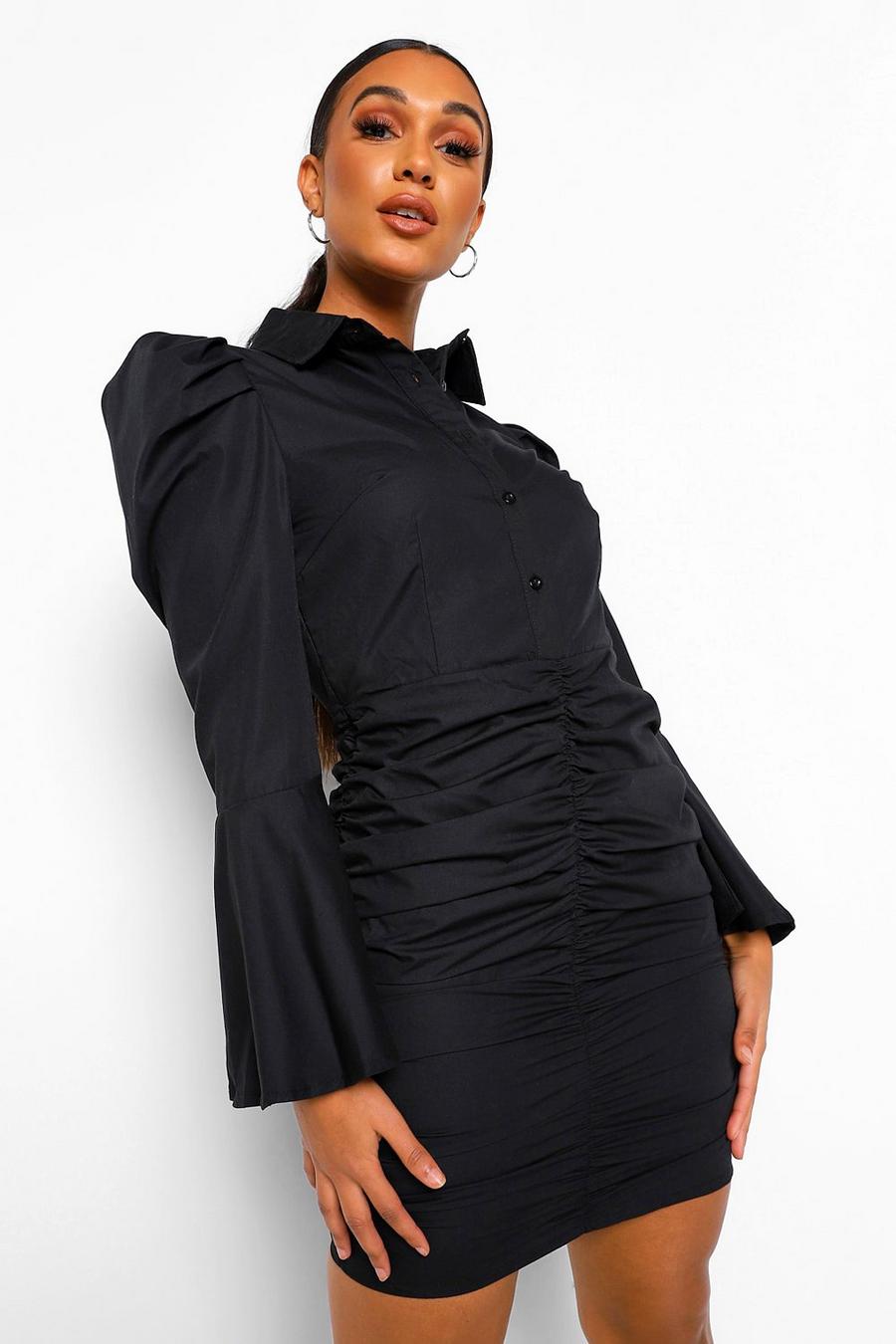 Mini-Kleid mit Knopfleiste und extremen Puffärmeln, Schwarz image number 1