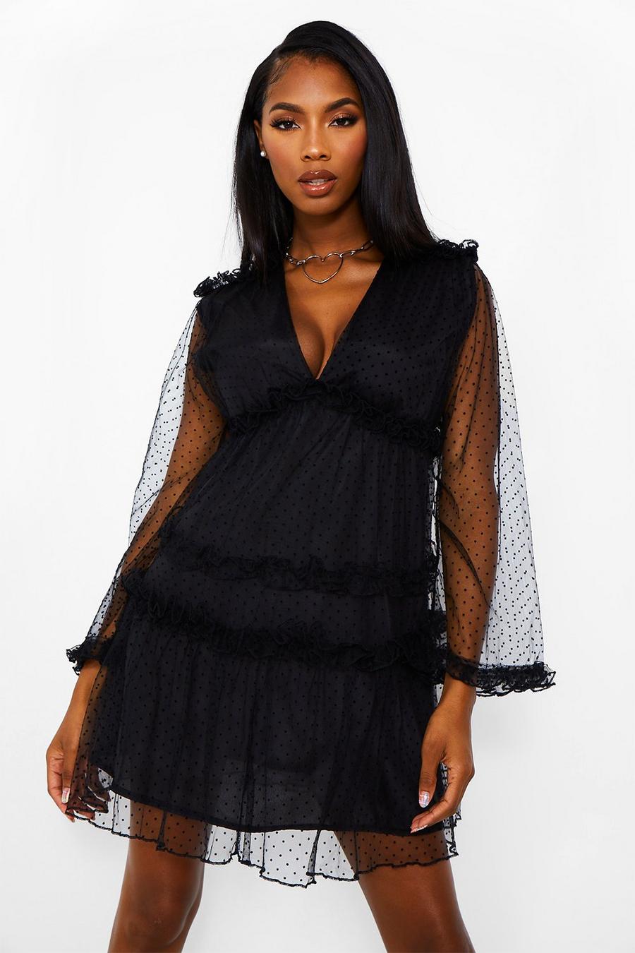 Black Dobby Frill Detail Tiered Swing Dress image number 1