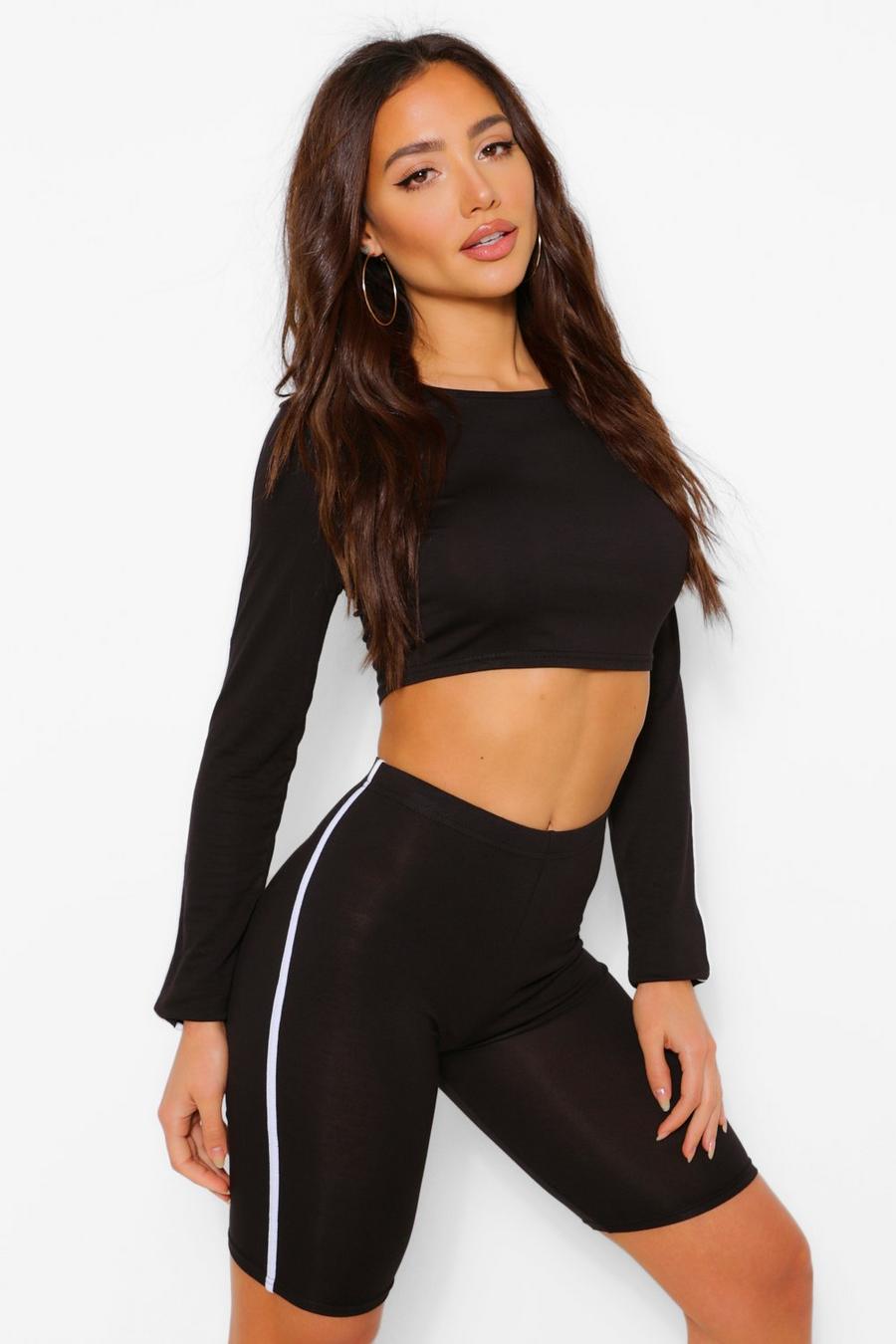 Black Stripe Crop Top & Cycling Short Co-Ord image number 1