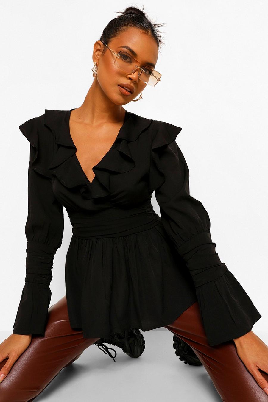 Black Ruffle Wrap Front Smock Top image number 1