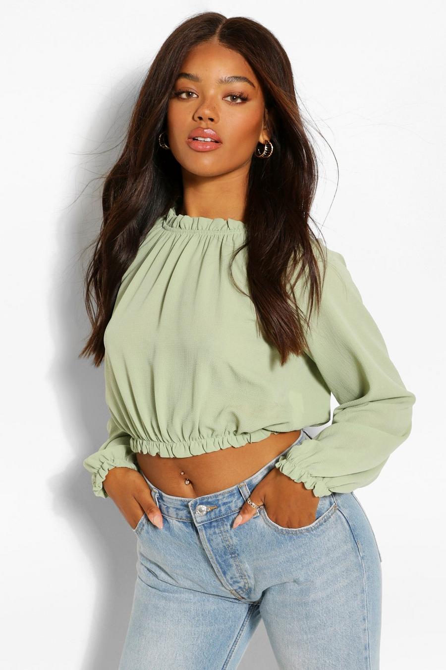 Olive Woven High Neck Ruffle Crop Blouse image number 1