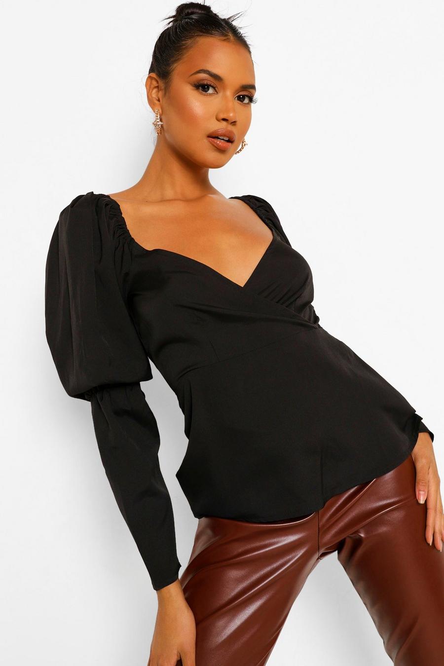 Black Puff Sleeve Woven Plunge Top image number 1